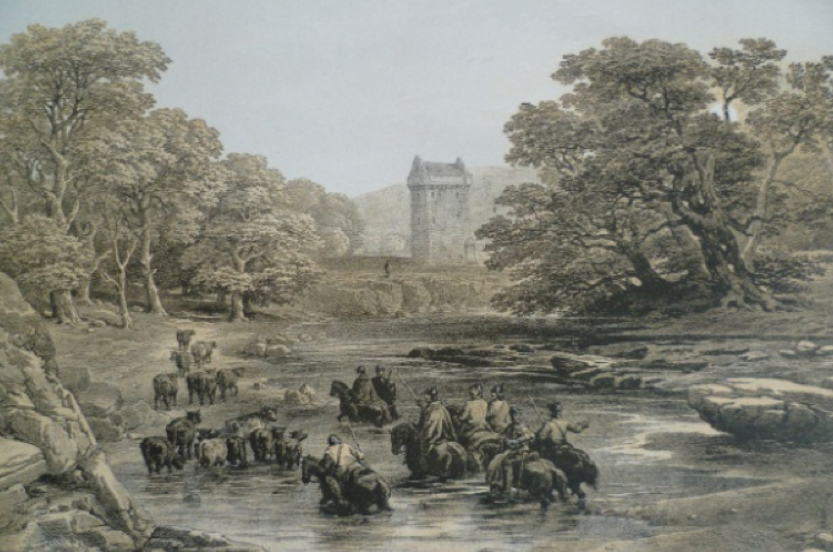 Border reivers at Gilnockie Tower, from an original drawing by G. Cattermole."