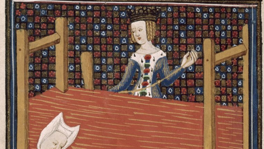 Ilustración de 'De Mulieribus Claris', nunha edición de circa 1440:catro mulleres cardando, fiando e tecendo no capitulo de Gaia Cecilia. (i.1)
