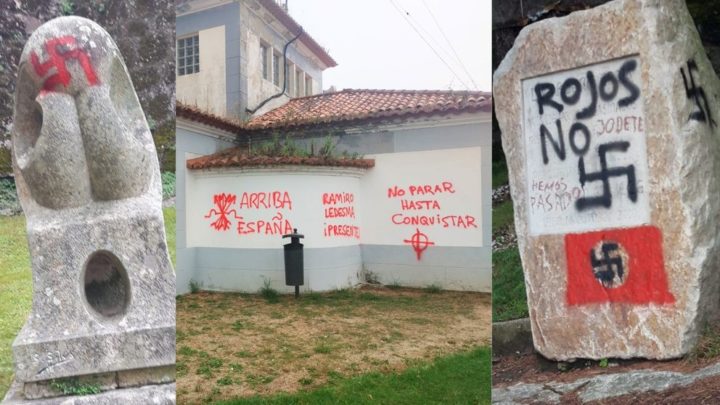 De esquerda á dereita: Escultura "A muller pensando" de Silvino Silva, instalacións centro emisor antena RTVE e o monumento aos 136 fusilados na fortaleza de O Castro de Marcos Escudero | Imaxe BNG Vigo